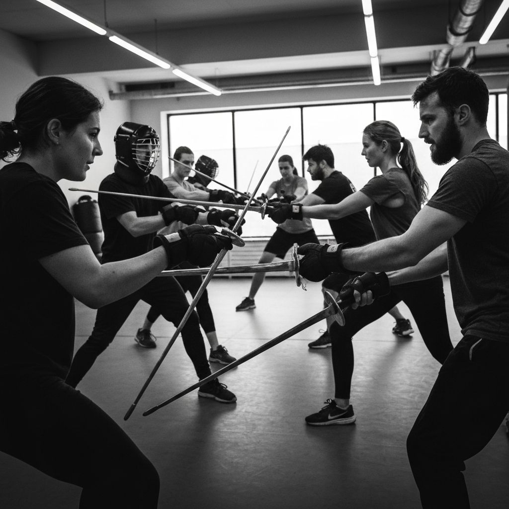 HEMA-Gruppentraining mit Langschwert in einer Sporthalle